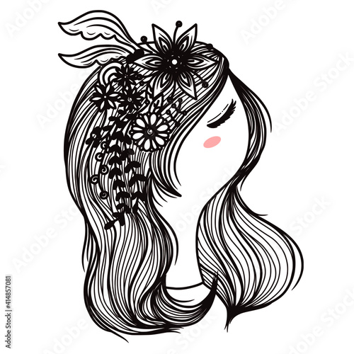 young woman and beautiful long hair with flower wreath on her head