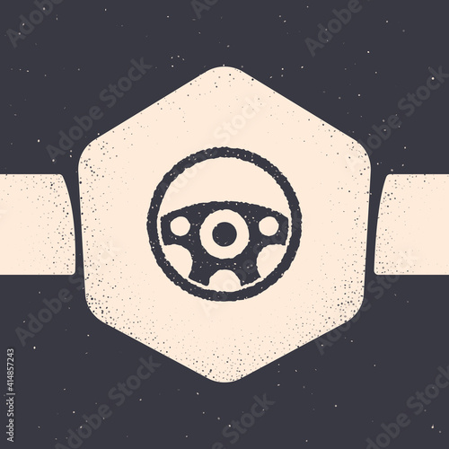 Grunge Steering wheel icon isolated on grey background. Car wheel icon. Monochrome vintage drawing. Vector.