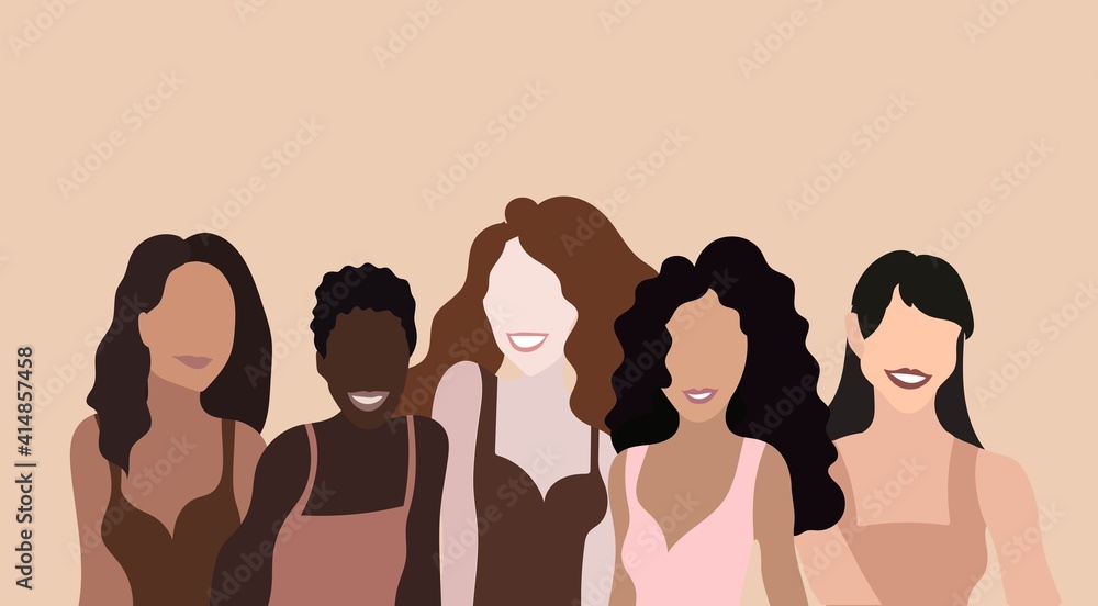 Happy women with different skin colors. Smiling girls. Feminist movement. Trend vector illustration in flat style. Happy women with different skin colors. Smiling girls. Feminist movement. Trend vector illustration in flat style.