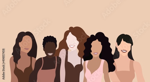 Happy women with different skin colors. Smiling girls. Feminist movement. Trend vector illustration in flat style. 