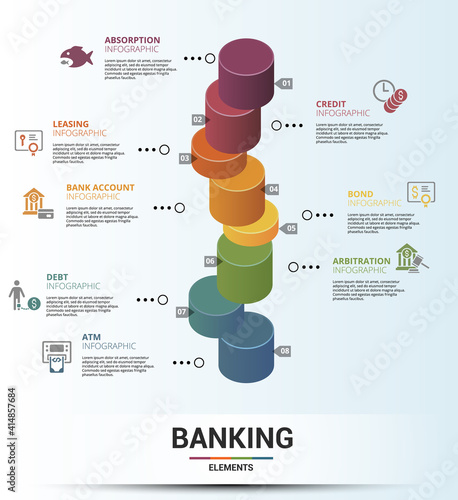 Infographic Banking template. Icons in different colors. Include Absorption, Credit, Leasing, Bank Account and others.