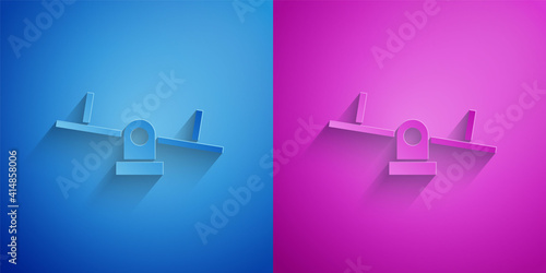 Paper cut Seesaw icon isolated on blue and purple background. Teeter equal board. Playground symbol. Paper art style. Vector.