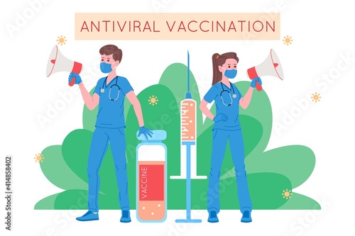 Vaccination concept for immunity health. Vaccine anti Covid-19. Doctors makes an injection of flu vaccine to pacient in hospital and inviting next. Healthcare, coronavirus, prevention and immunize.