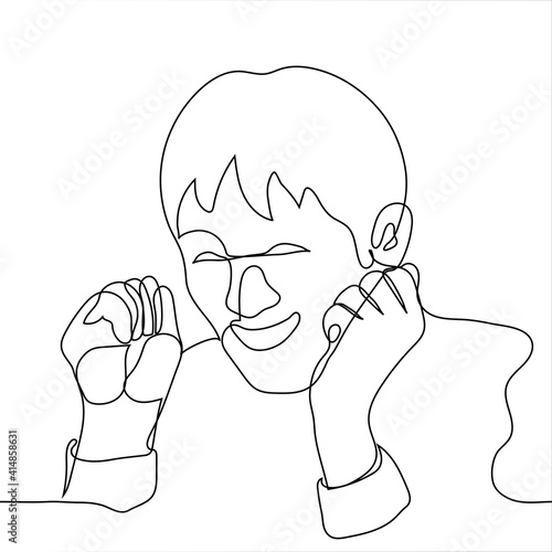 face of a smiling man holding his fists up - one line drawing. The concept of a joyful man, a young man anticipates a pleasant event, joy and relief from the situation