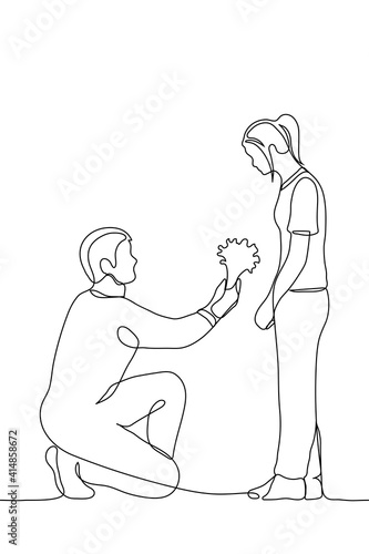 young man got down on one knee holding out a bouquet to the girl in front of whom he is standing - one line drawing. male lover in love gives flowers to a girl. Woman shocked by sudden love confession