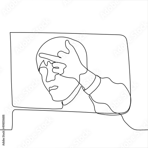 man from the car window shows the middle finger - one line drawing. an annoyed man shows "fuck" to journalists or anti-fans. Concept of attention-weary celebrity, disgraced star victim of cancellation