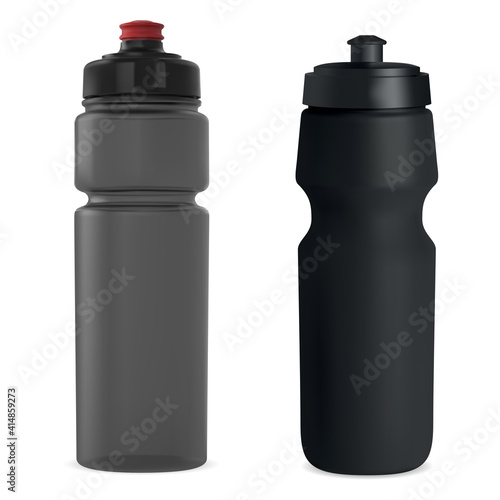 Sport water bottle. Plastic drink bottle vector blank. Reusable fitness bottle template mock up. Bicycle training bottles, adventure equipment. Hiking thermo bottle, clear object
