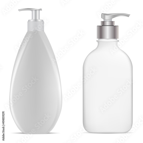 Pump bottle. Vector dispenser bottle mockup. White plastic hand lotion bottles, pet template. Gel or shampoo packaging blank with pump dispenser. Realistic hair moisturizer can design