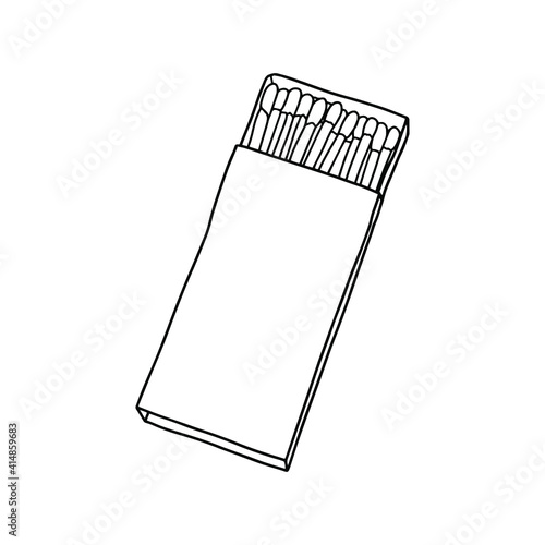 Outline opened matchbox with matches inside icon. Doodle, black and white illustration. Vector Stock illustration.