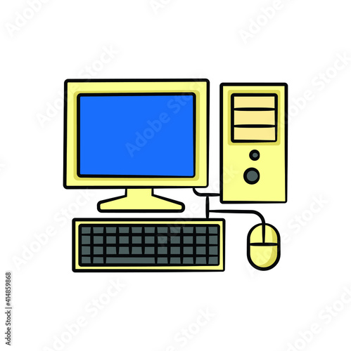 Old desktop computer in drawing style isolated vector. Hand drawn object illustration for your presentation, teaching materials or others.