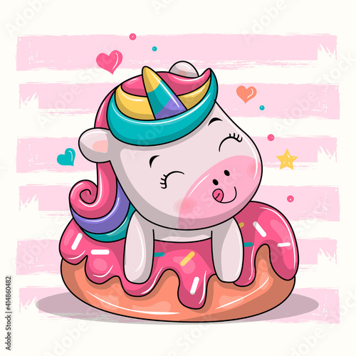 Cute unicorn sitting on doughnut cartoon vector icon illustration