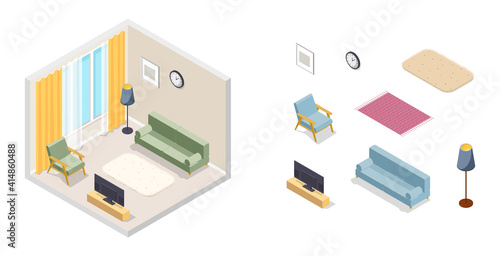 Isometric vector illustration, living room, set of interior element, furniture
