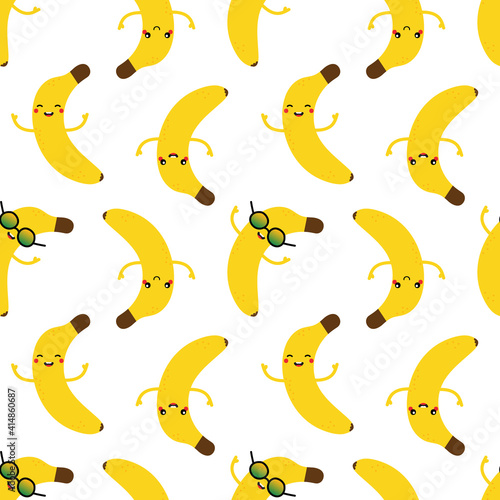 Cute cartoon style banana characters vector seamless pattern background for food design.