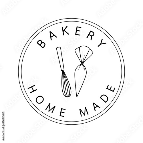 Bakery logo design. Bakery sign vector. Whisk and Silicone Piping Cream Cake doodle symbol.