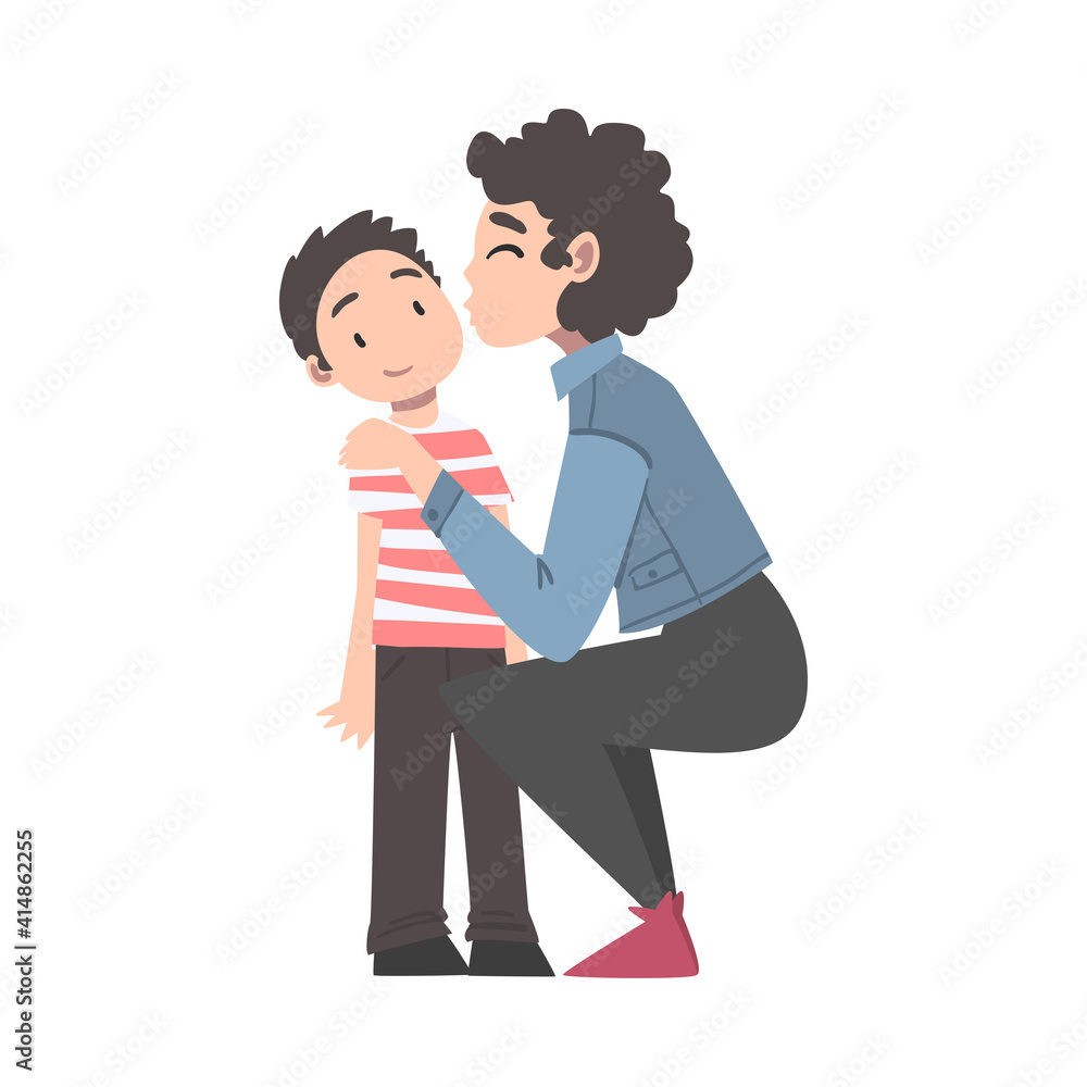 Mom Hugging and Kissing her Son with Tenderness Cartoon Style Vector Illustration Mom Hugging and Kissing her Son with Tenderness Cartoon Style Vector Illustration