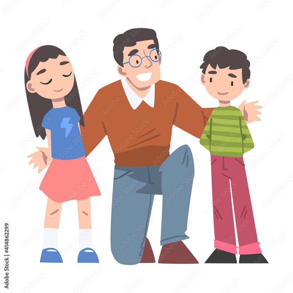 Fototapeta premium Cheerful Dad Hugging his Son and Daughter, Fatherhood Concept Cartoon Style Vector Illustration
