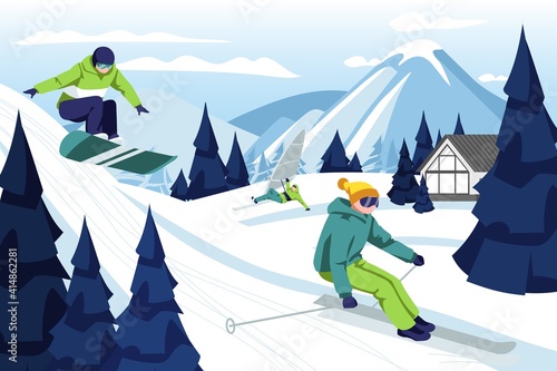 People skiing and snowboarding in ski resort. Skier and snowboarder riding down snowy hill. Sports persons having fun in winter holidays on beautiful winter landscape cartoon vector illustration