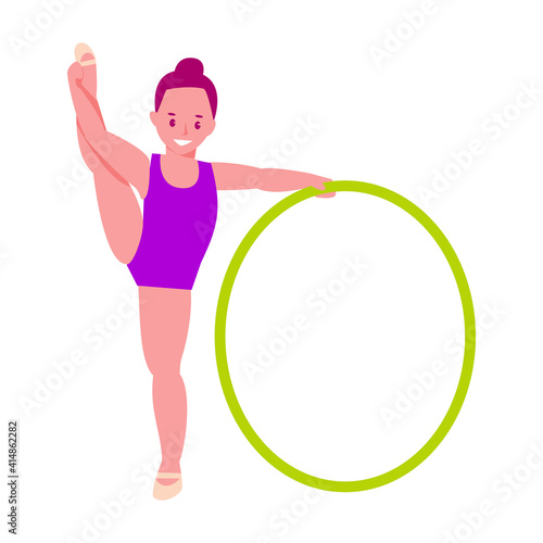 Rhythmic gymnast with a hoop. Little girl in a gymnastic leotard. Vector illustration in flat cartoon style. Isolated on a white background.