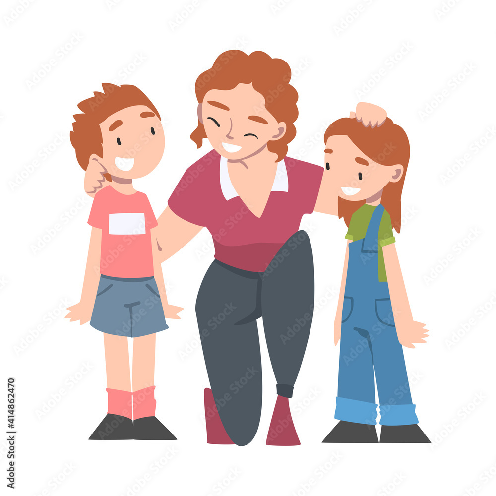 Cheerful Mom Hugging her Little Daughter and Son with Tenderness, Maternity Love Concept Cartoon Style Vector Illustration