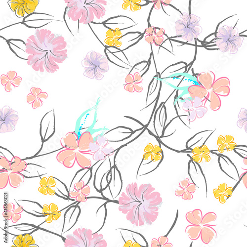 Pink Flowers Blooming Pattern. Pastel Watercolor.