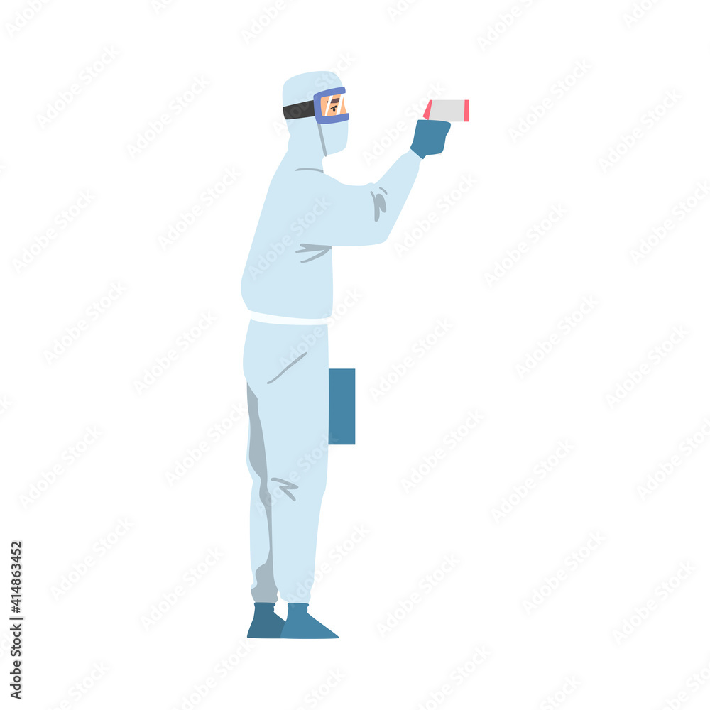 Medical Doctor in Protective Suit Checking Temperature Using Non-contact Thermometer to Control Coronavirus Infection Cartoon Vector Illustration