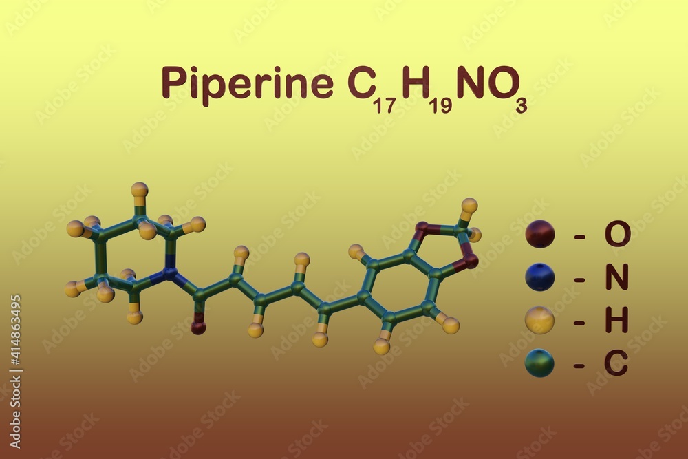 Structural chemical formula and molecular model of piperine, the alkaloid responsible for the pungency of black and long peppers. It is used in traditional medicine. 3d illustration Structural chemical formula and molecular model of piperine, the alkaloid responsible for the pungency of black and long peppers. It is used in traditional medicine. 3d illustration