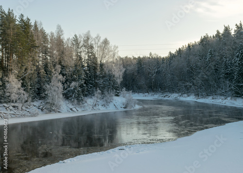 winter day by the river, snow covered trees and grass by the river, reflections in the water, beautiful winter landscape © ANDA