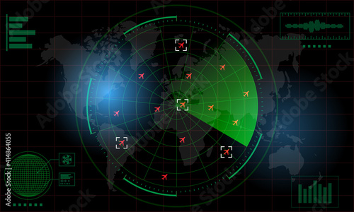Radar Monitor. Air Traffic Control Radar screen and plane that is flying in the screen. background is a world map. Vector illustration eps10