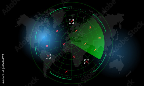 Radar Monitor. Air Traffic Control Radar screen and plane that is flying in the screen. background is a world map. Vector illustration eps10
