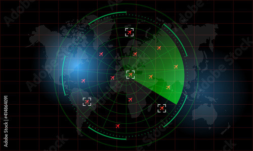 Radar Monitor. Air Traffic Control Radar screen and plane that is flying in the screen. background is a world map. Vector illustration eps10