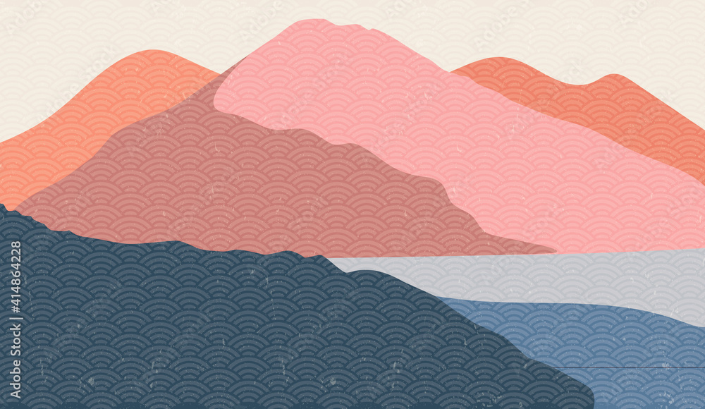 Obraz premium Creative minimalist hand painted abstract arts background. Nature mountain landscape painting with Japanese wave pattern vector.