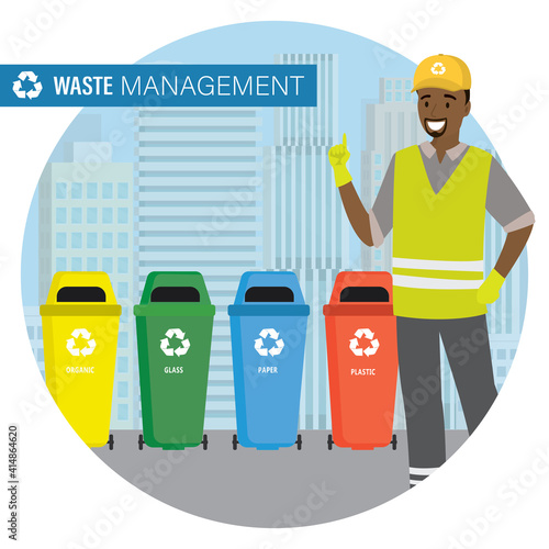 Waste management concept. Cartoon garbage сontainers for separate waste collection. Colorful trash cans, happy african american garbage collector