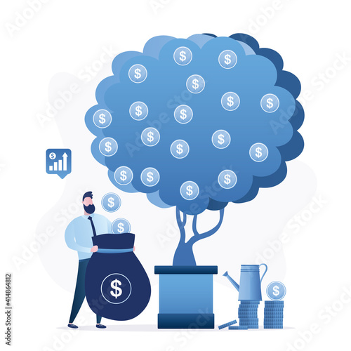 Businessman making money. Male investor take profit from successful startup. Profitable money tree. Venture fund, investment process.