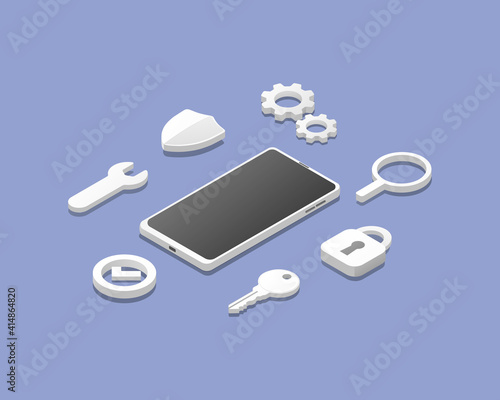 Smartphone antivirus defender concept.  Protection security system. Isometric colored vector illustration. 