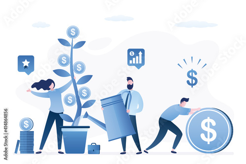 Business team grows profit money tree. Investor watering plant in pot. Venture fund, investment process. Corporate teamwork.