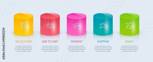 Concept of shopping process with 5 successive steps. Five colorful graphic elements. Timeline design for brochure, presentation, web site. Infographic design layout.