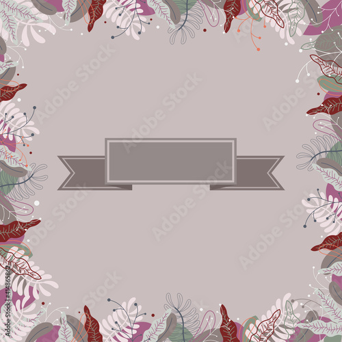 calm colors with a border of plants and flowers around the edges and a blank space for text