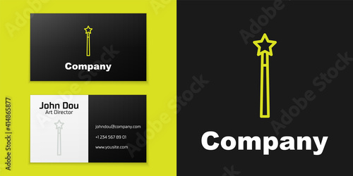 Logotype line Magic wand icon isolated on black background. Star shape magic accessory. Magical power. Logo design template element. Vector.