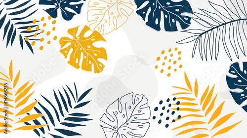 Summer tropical leaves background vector. Palm leaves, monstera leaf, Botanical wallpaper design for wall framed prints, canvas prints, poster, wall art for home decor, cover and invitation.
