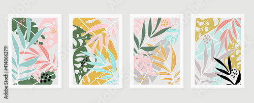 Botanical wall art vector set. Earth tone background foliage line art drawing with abstract shape and watercolor. Design for wall framed prints, canvas prints, poster, home decor, cover, wallpaper