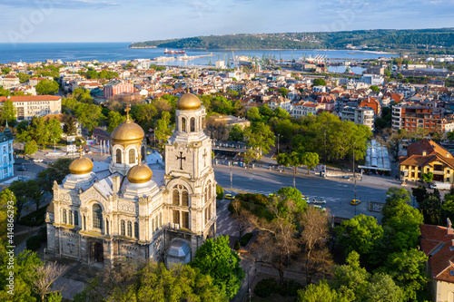 Aerial view of the Dormition of the Theotokos Cathedral in Varna, Bulgaria