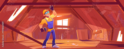 Repairman on old attic with broken roof and floor, clutter and spiderweb. Vector cartoon illustration with worker with hammer in messy mansard. Carpenter repairs wooden beam in garret room