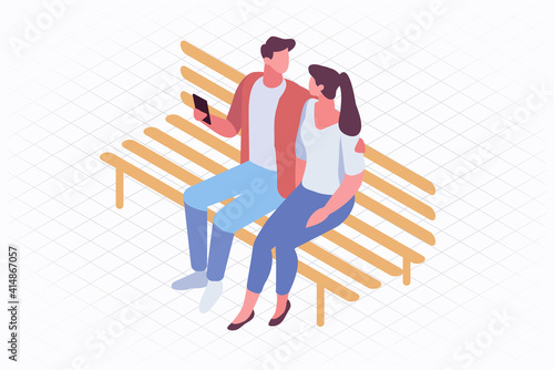 Different isomeric people vector set isolated on white. Man and woman sitting on bench. Couples spending time together