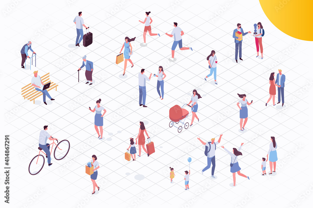 Isometric vector background people. City street, park. Different people walking outdoor, riding bicycle, sitting on bench, walking with friends, pets. Family together. Flat vector isolated. Isometric vector background people. City street, park. Different people walking outdoor, riding bicycle, sitting on bench, walking with friends, pets. Family together. Flat vector isolated.