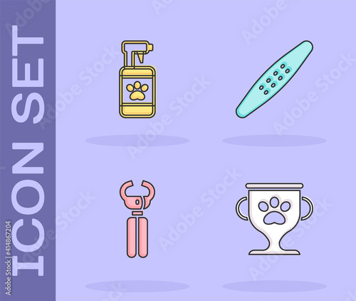 Set Pet award, shampoo, nail clippers and Nail file pet icon. Vector.