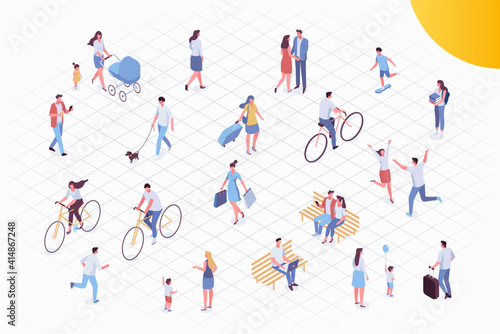 Isometric vector background people. City street, park. Different people walking outdoor, riding bicycle, sitting on bench, walking with friends, pets. Family together. Flat vector isolated.