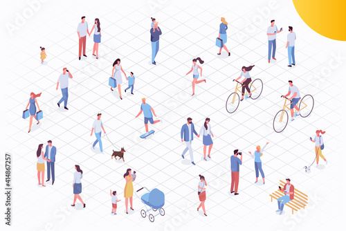 Isometric vector background people. City street, park. Different people walking outdoor, riding bicycle, sitting on bench, walking with friends, pets. Family together. Flat vector isolated.