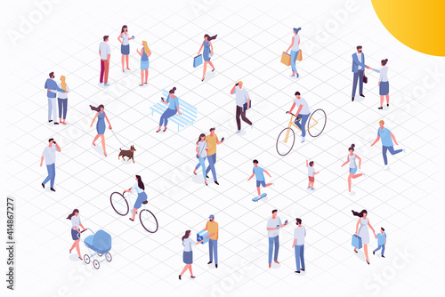 Isometric vector background people. City street, park. Different people walking outdoor, riding bicycle, sitting on bench, walking with friends, pets. Family together. Flat vector isolated.