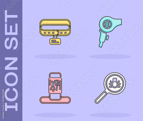 Set Flea search, Collar with name tag, Cat scratching post and Hair dryer icon. Vector.