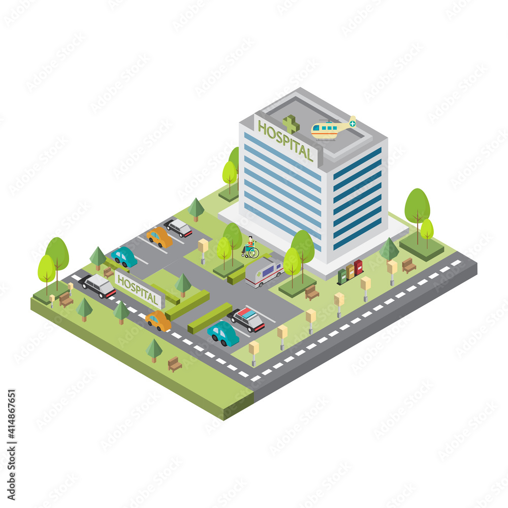 Hospital building. Healthcare and medical concept in isometric design. Vector illustration.